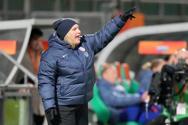 United States head coach Emma Hayes gestures during the international friendly women's soccer match between the Netherlands and the United States at the ADO Den Haag Stadium in The Hague, Netherlands, Tuesday, Dec. 3, 2024. (AP Photo/Peter Dejong)