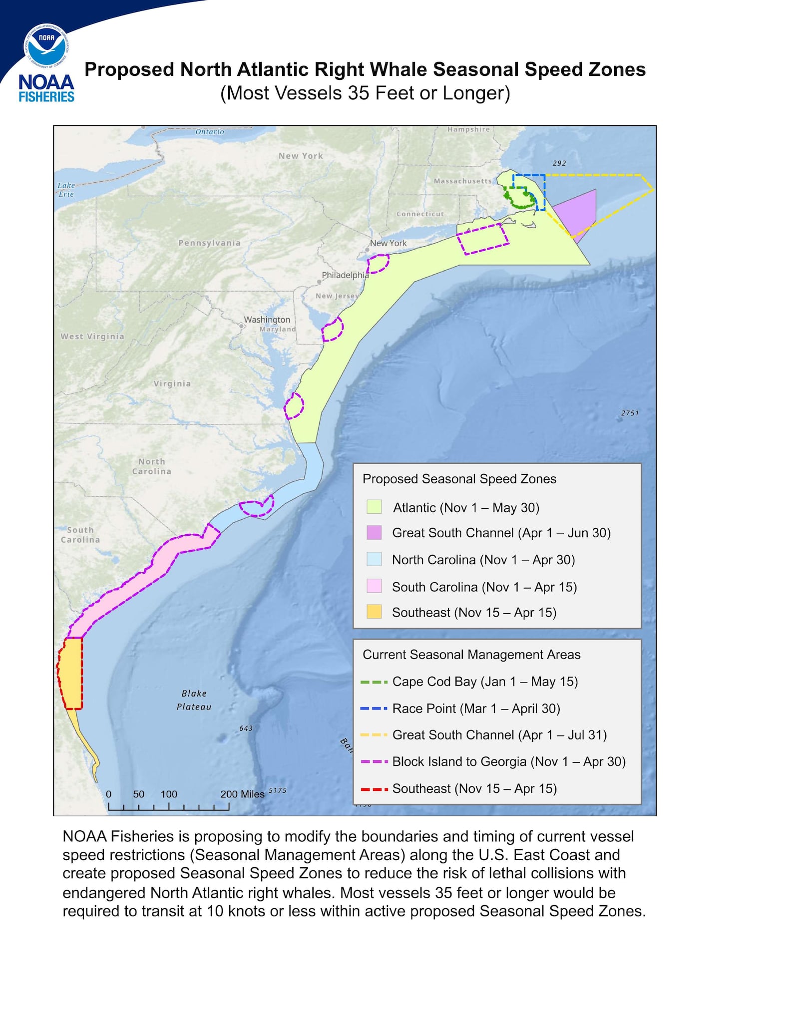 A map showing the proposed speed restricted zones along the East Coast. (Courtesy of NOAA)