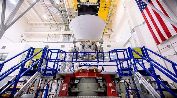 This image provided by NASA shows NASA’s SPHEREx observatory undergoing testing at BAE Systems in Boulder, Colo., in Aug. 2024. (NASA via AP)