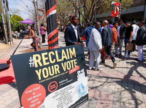 Students and speakers gather at a "Reclaim your vote" rally at Clark Atlanta University In Atlanta on Tuesday, April 12, 2022.  The rally followed the launch of the civic engagement campaign at the 2022 State Of Black America Event by the National Urban League held at CAU. 
 (Bob Andres / robert.andres@ajc.com)