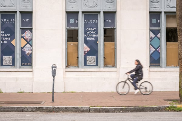 A sign advertising office space at the Johnson Square Business Center in Savannah, GA on Feb. 18, 2025. Credit: Justin Taylor/The Atlanta Journal Constitution