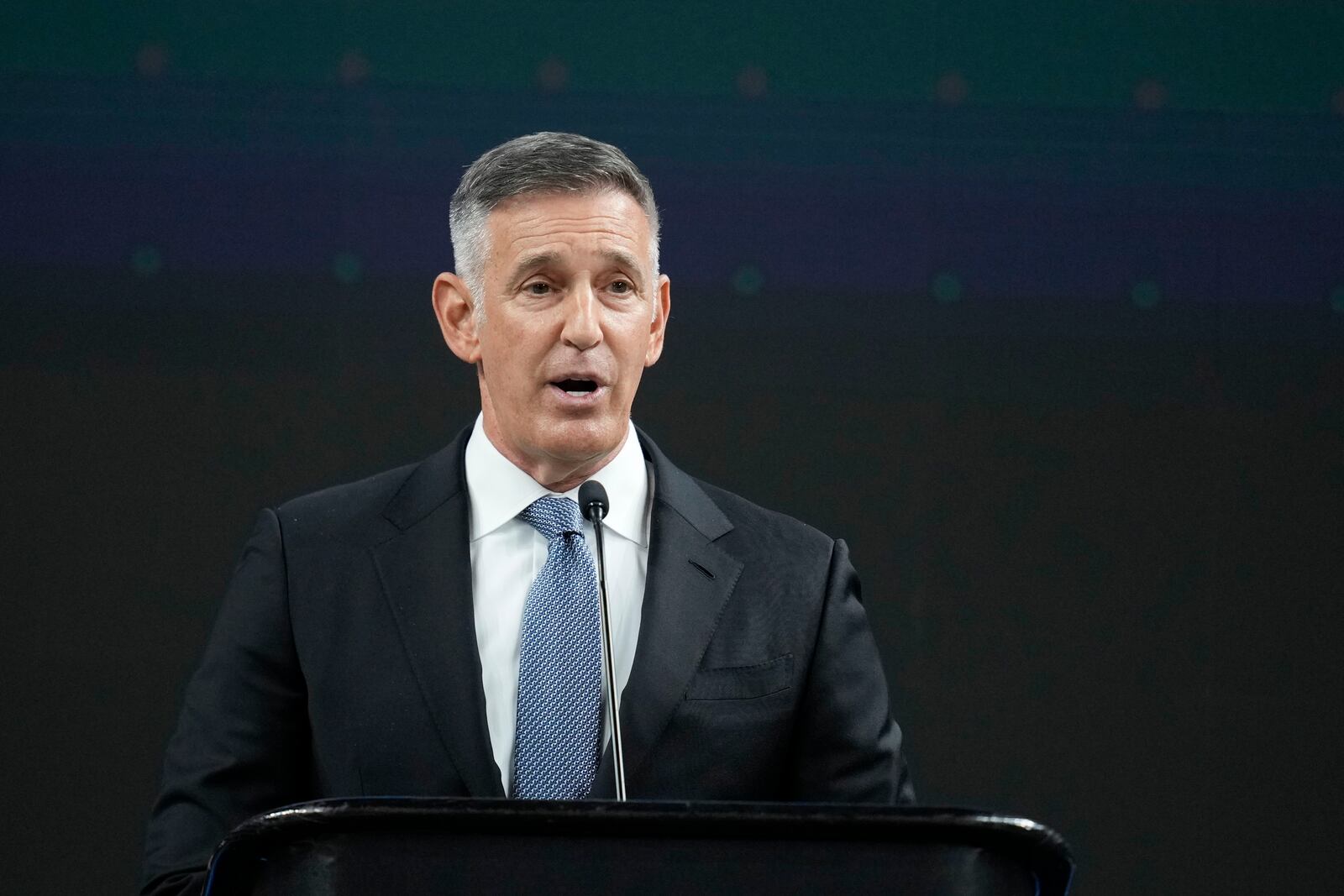 FILE - Big Ten Commissioner Tony Petitti speaks during an NCAA college football news conference at the Big Ten Conference media days at Lucas Oil Stadium, July 23, 2024, in Indianapolis. (AP Photo/Darron Cummings, File)