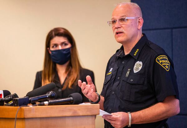 Tucson Police Chief Chris Magnus, right, speaks as Mayor Regina Romero listens during a press conference, Wednesday, June 24, 2020, in Tucson, Ariz.  Chief Magnus offered his resignation after the death of a 27-year-old man who died while handcuffed and placed face-down, resulting in the resignation of three officers the chief said had violated department policy. The city council and city manager have to approve resignation. The city council and city manager have to approve resignation.
The medical examinerâs office didnât determine a manner of death but said Carlos Ingram-Lopez had died of sudden cardiac arrest while intoxicated by cocaine and physically restrained.  (Josh Galemore/Arizona Daily Star via AP)