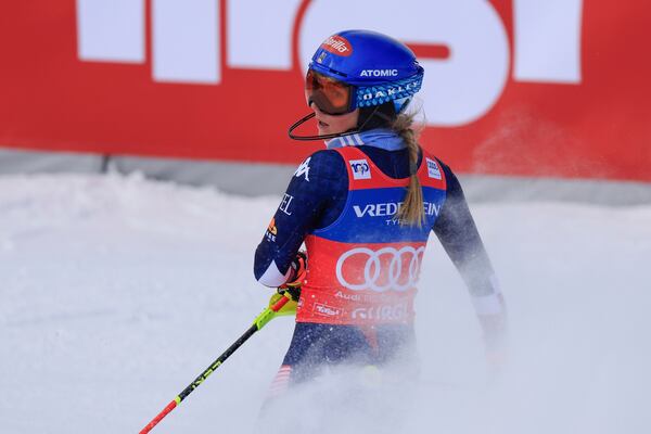 United States' Mikaela Shiffrin checks her time at the finish area of an alpine ski, women's World Cup slalom, in Gurgl, Austria, Saturday, Nov. 23, 2024. (AP Photo/Giovanni Maria Pizzato)