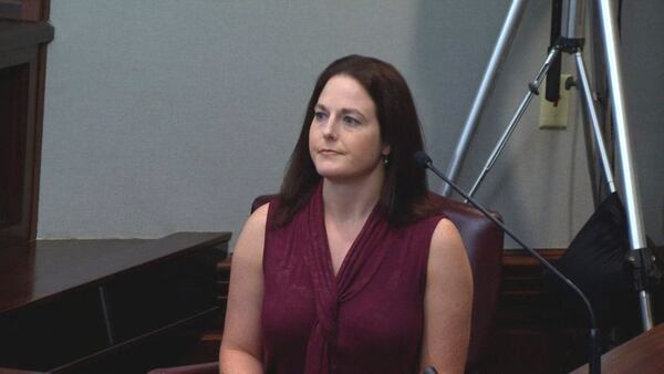 Angie Bond, who identifies herself as one of the best friends of Leanna Taylor, testifies at the murder trial of Justin Ross Harris at the Glynn County Courthouse in Brunswick, Ga., on Tuesday, Nov. 1, 2016. Bond described how Ross was a loving father to Cooper. (screen capture via WSB-TV)