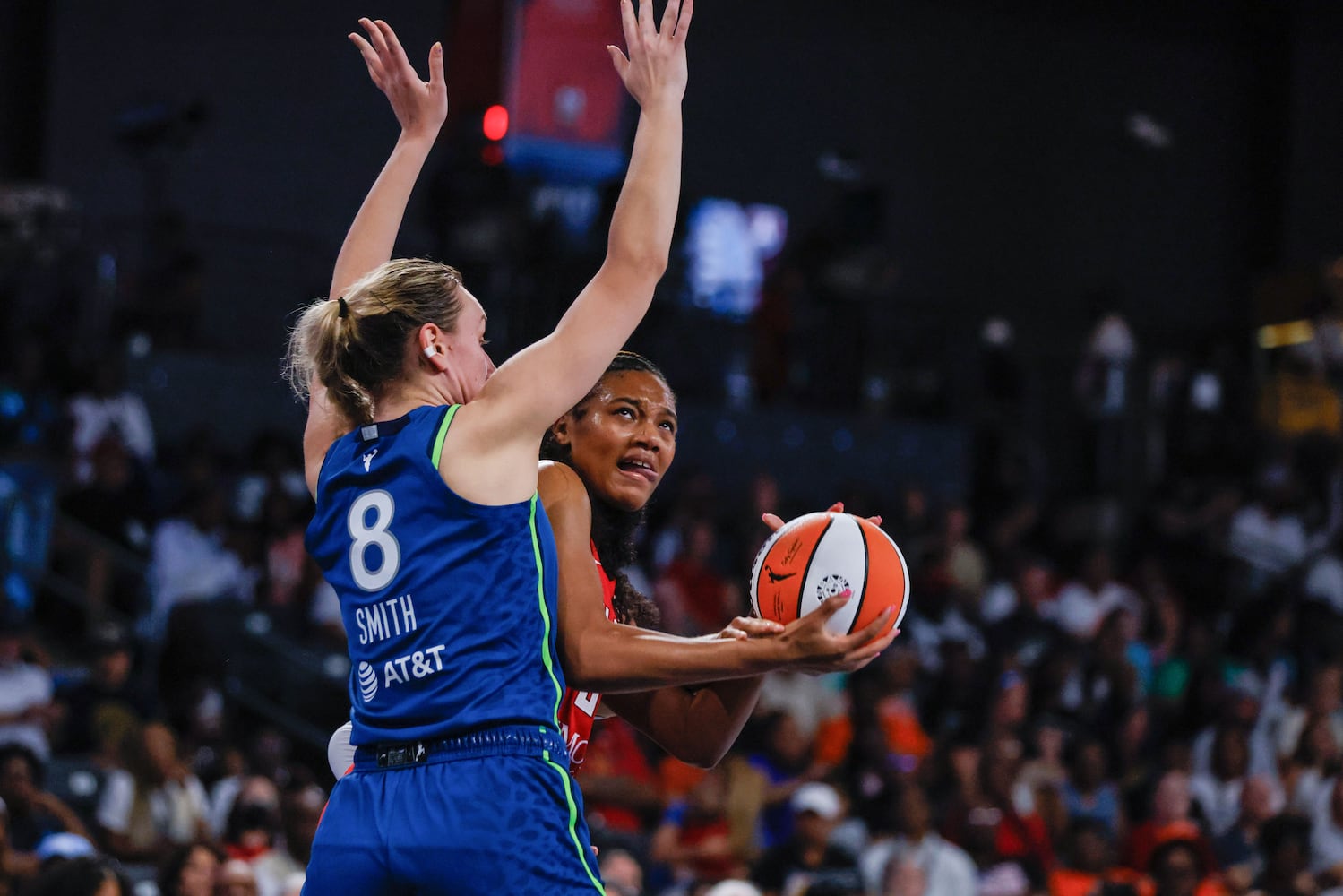 Atlanta Dream forward Naz Hillmon  tries to shoot against Minnesota Lynx forward Alanna Smith (8) during the first half at Gateway Center Arena, Sunday, May 26, 2024, in Atlanta.
(Miguel Martinez / AJC)