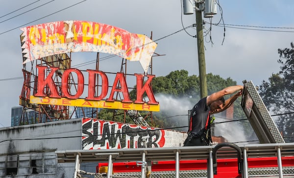 Atlanta fire crews battle the latest fire at the landmark Kodak building on Ponce de Leon Avenue.