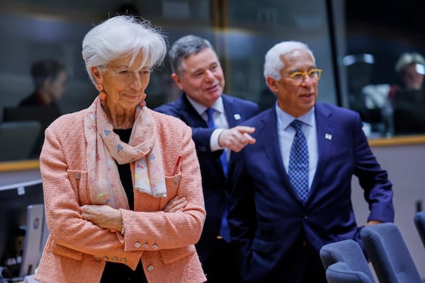 From left, European Central Bank President Christine Lagarde, President of the Eurogroup Paschal Donohoe, and European Council President Antonio Costa during a round table meeting at an EU summit in Brussels, Thursday, March 20, 2025. (AP Photo/Omar Havana)