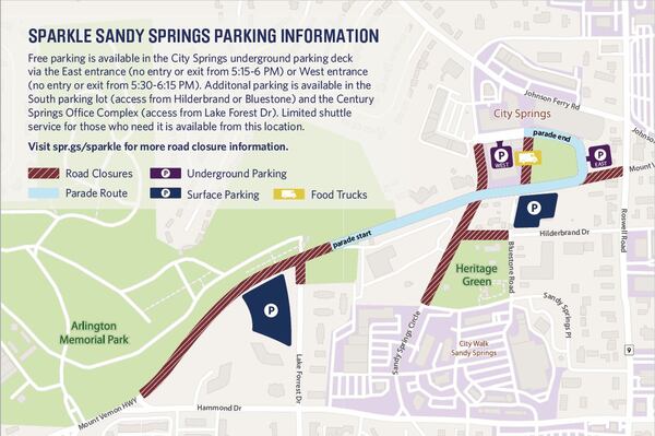 Here's a parking map for the Dec. 8, 2019 holiday celebration in Sandy Springs. (Courtesy of Sandy Springs)