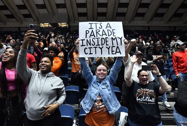 Kell fans celebrate their victory over Warner Robins during 2023 GHSA Basketball Class 5A Girl’s State Championship game at the Macon Centreplex, Thursday, March 9, 2023, in Macon, GA. Kell won 57-36 over Warner Robins. (Hyosub Shin / Hyosub.Shin@ajc.com)