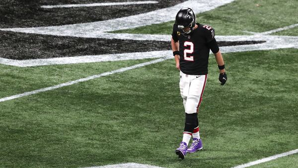 Falcons quarterback Matt Ryan returns to the sidelines after a failed 4th-down attempt to Julio Jones during the fourth quarter against the New Orleans Saints Sunday, Dec. 6, 2020, at Mercedes-Benz Stadium in Atlanta. The Saints won 21-16. (Curtis Compton / Curtis.Compton@ajc.com)