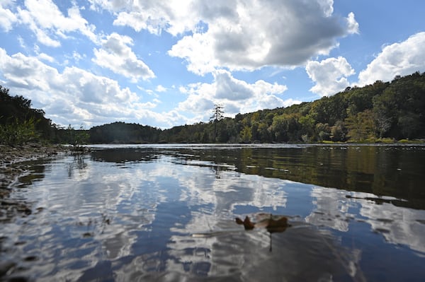 A portion of Yellow Jacket Shoals in the Flint River is shown from a private property on Thursday, October 19, 2023, near Thomaston.(Hyosub Shin / Hyosub.Shin@ajc.com)