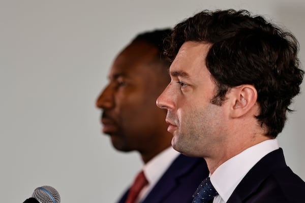 Senator Jon Ossoff and Mayor Andre Dickens hold a press conference at Hartsfield-Jackson International Airport to announce the expansion of Concourse D on Thursday, July 7, 2022. (Natrice Miller/natrice.miller@ajc.com).