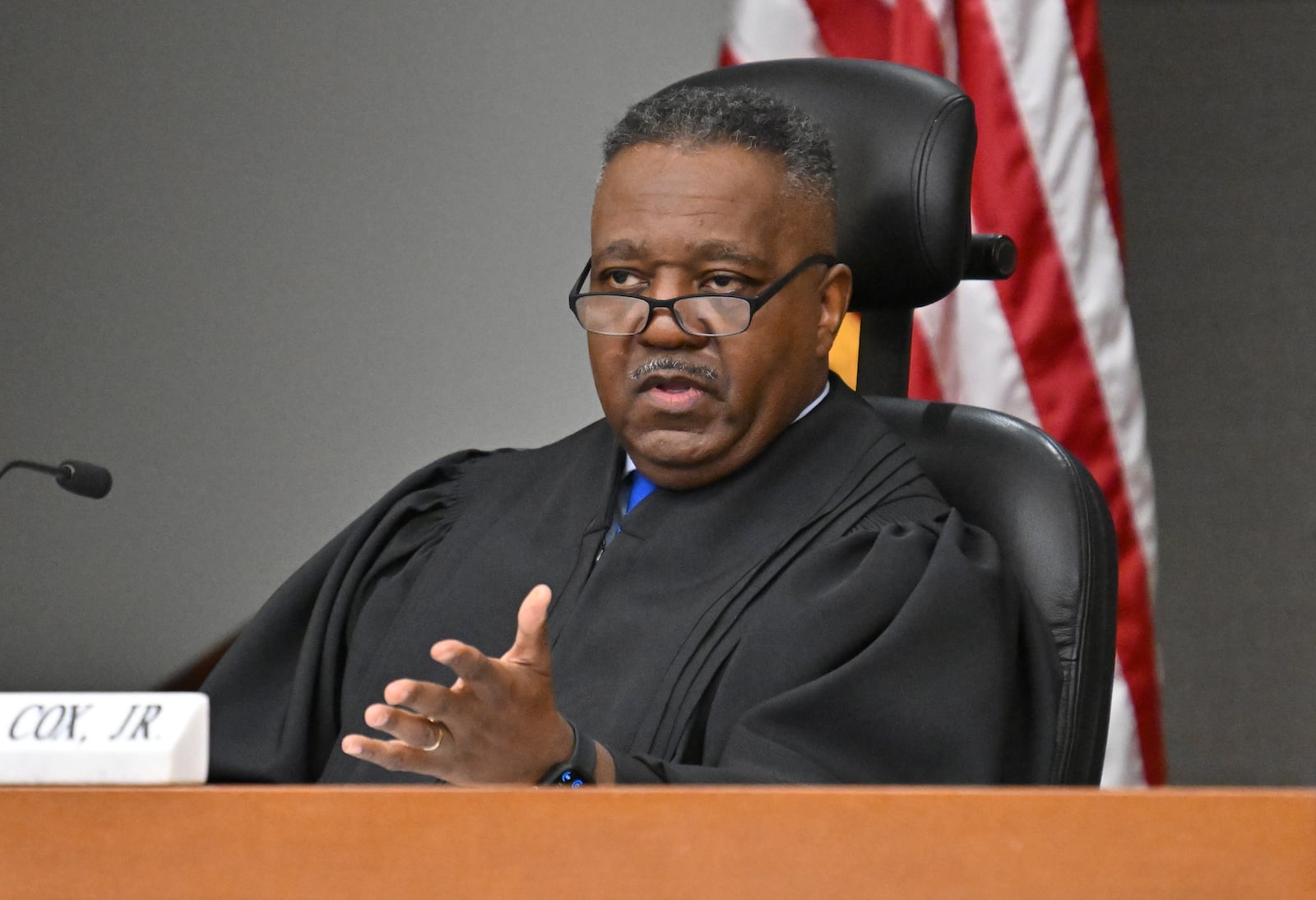 Fulton County Superior Court Judge Thomas Cox presides over cases against State Election Board on Oct. 16. (Hyosub Shin / AJC)