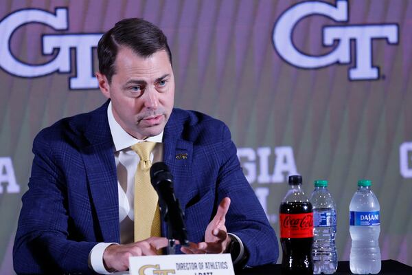 The new Georgia Tech Athletic Director, J Batt, answers questions from the media during his introduction on Monday, October 17, 2022. Miguel Martinez / miguel.martinezjimenez@ajc.com