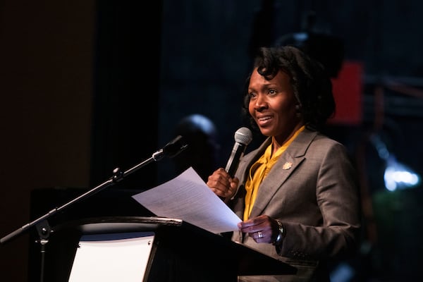 Cobb Chairwoman Lisa Cupid speaks during the Cobb State of the County address on Thursday, May 4, 2023, at the Jennie T. Anderson Theatre in Marietta, Georgia. Cupid and other members of the Cobb government spoke to attendees at the event.  CHRISTINA MATACOTTA FOR THE ATLANTA JOURNAL-CONSTITUTION.