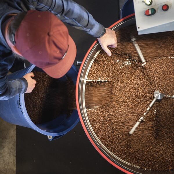 Roasting coffee beans at Perc Coffee Roasters.