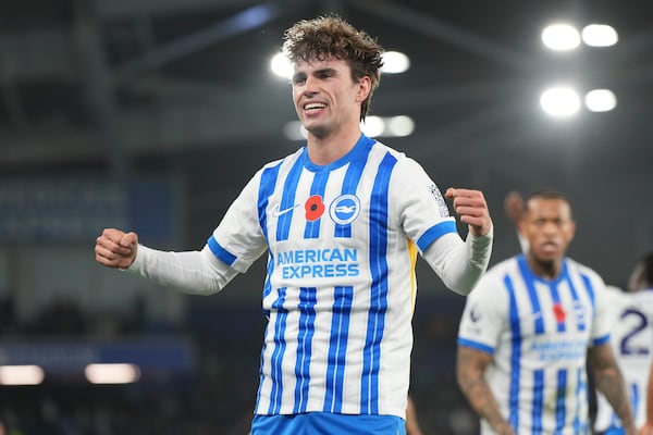 Brighton's Matt O'Riley reacts after scoring during the English Premier League soccer match between Brighton and Manchester City at Falmer Stadium in Brighton, England, Saturday, Nov. 9, 2024. (AP Photo/Alastair Grant)