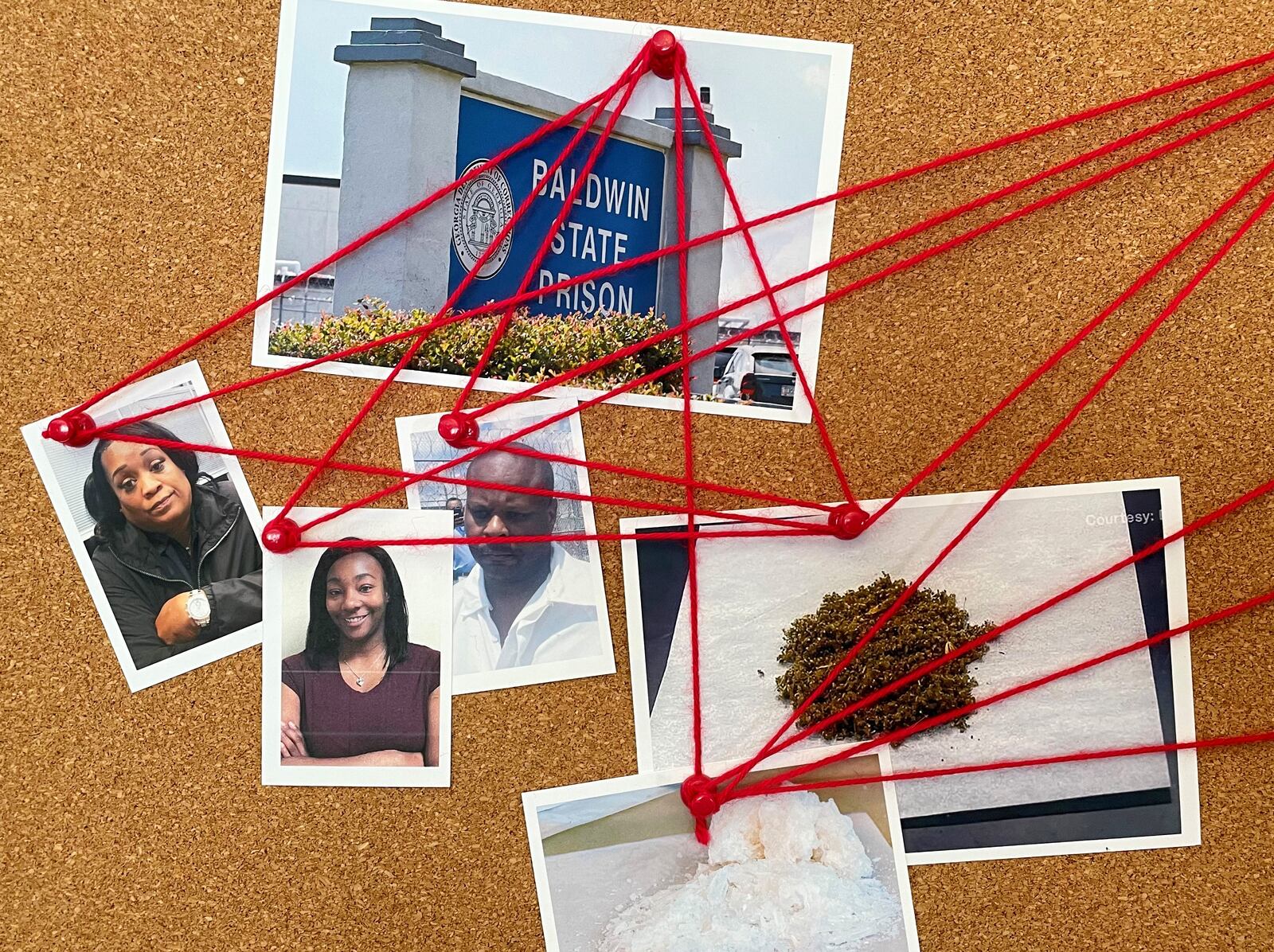 Three former officers at Baldwin State Prison — from left, Shounnette Wooten, Kierra Williams, and Tracey Wise — are accused of helping Ryan Brandt smuggle into the prison paper soaked with drugs, most often a synthetic form of marijuana. (AJC photo illustration)