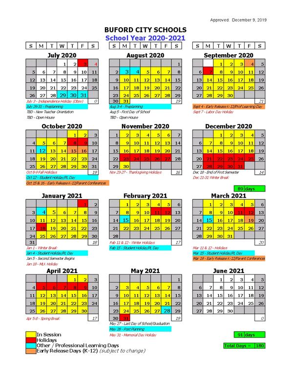 Buford City Schools 2020-2021 school calendar