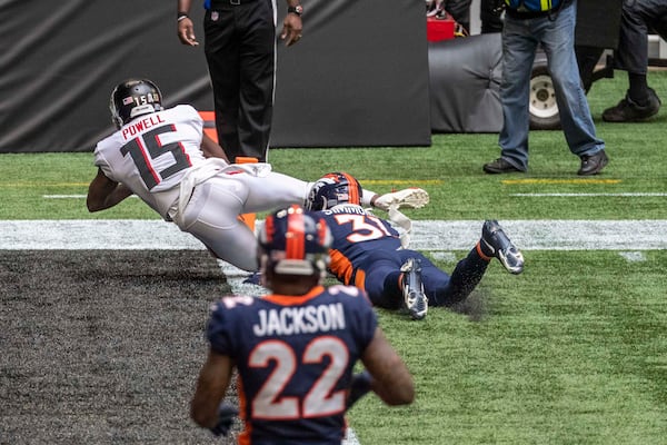 Falcons wide receiver Brandon Powell (15) crosses the goal line for a touchdown during the second quarter against the Denver Broncos Sunday, Nov. 8, 2020, at Mercedes-Benz Stadium in Atlanta. (Alyssa Pointer / Alyssa.Pointer@ajc.com)