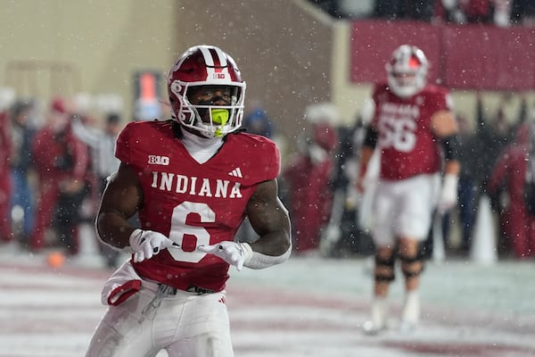 FILE - Indiana running back Justice Ellison reacts during the first half of an NCAA college football game against Purdue, Saturday, Nov. 30, 2024, in Bloomington, Ind. (AP Photo/Darron Cummings, File)