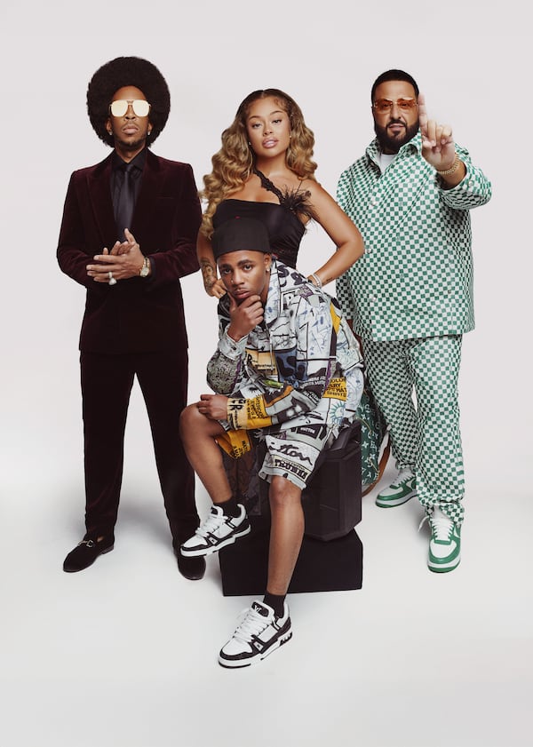 DreTL (center) was declared the Season Two winner of Netflix's "Rhythm + Flow." Throughout the season, celebrity judges (from left to right) Ludacris, Latto and DJ Khaled introduced a series of battles to find the next rap superstar. (Courtesy Eli Joshua Adé/Netflix)