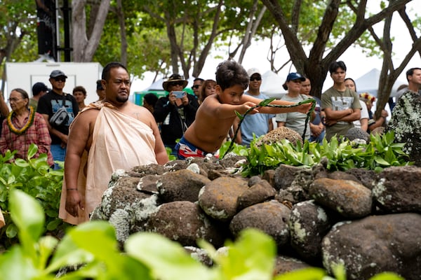 A ti leaves lei is offered during Hokulea's 50th birthday commemoration at Kualoa Regional Park, Saturday, March 8, 2025, in Kaneohe, Hawaii. (AP Photo/Mengshin Lin)