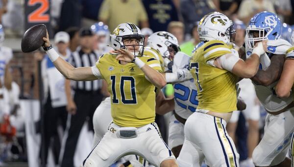 Haynes King (10) throws to the end zone during the second quarter of the Georgia Tech-North Carolina game at Bobby Dodd Stadium October 28, 2023.  (Bob Andres for the Atlanta Journal Constitution)