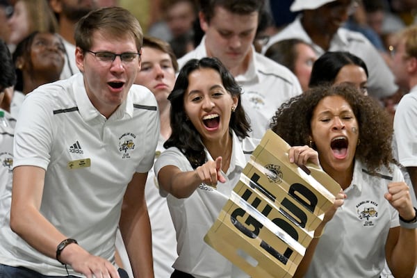 Georgia Tech fans cheer during the second half of the inaugural Aflac Kickoff Game at Mercedes-Benz Stadium, Friday, September 1, 2023, in Atlanta. Louisville won 39-34 over Georgia Tech. (Hyosub Shin / Hyosub.Shin@ajc.com)