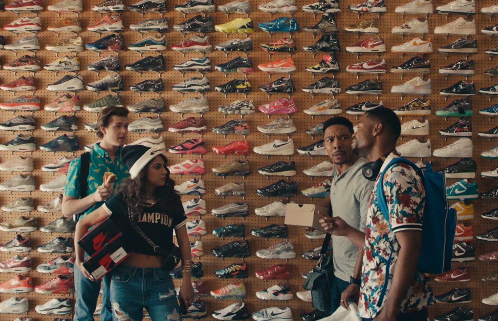 SNEAKERHEADS (L to R) MATTHEW JOSTEN as STUEY, JEARNEST CORCHADO as NORI, ALLEN MALDONADO as DEVIN and ANDREW BACHELOR as BOBBY in episode 2 of SNEAKERHEADS. Cr. Courtesy of NETFLIX/NETFLIX © 2020