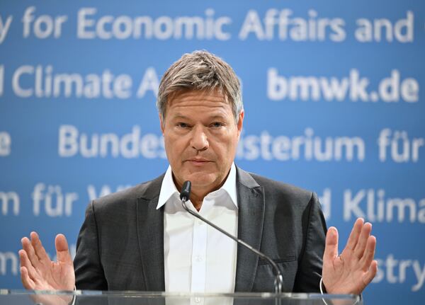 Federal Economics Minister Robert Habeck speaks during a statement after the break-up of the Ampel coalition, in Berlin, Thursday, Nov. 7, 2024. (Soeren Stache/dpa via AP)