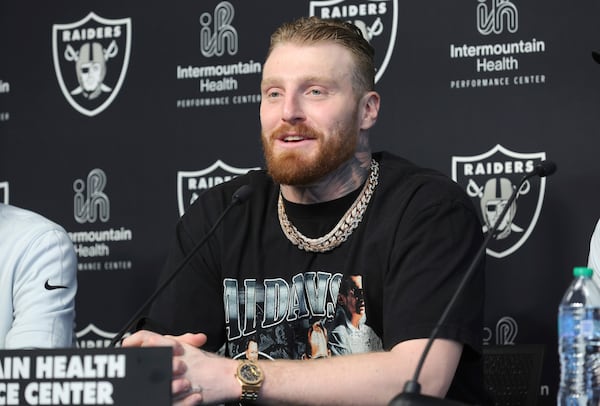 Las Vegas Raiders defensive end Maxx Crosby responds to a question during an NFL football news conference Wednesday, March 5, 2025, in Henderson, Nev. (Steve Marcus/Las Vegas Sun via AP)