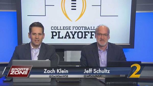 WSB sports director Zach Klein and AJC columnist Jeff Schultz discuss the latest college football playoff rankings. Screenshot from Facebook Live video