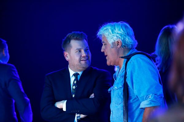  LOS ANGELES, CA - NOVEMBER 14: TV personality/host James Corden (L) and comedian Jay Leno attend the Jaguar I-PACE Concept, the brand's first-ever electric car, reveal at MILK Studios in Los Angeles on November 14, 2016. (Photo by Handout/Jaguar Land Rover via Getty Images)