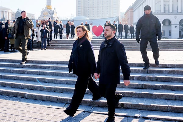 Ukrainian President Volodymyr Zelenskyy and First Lady Olena Zelenska during a ceremony in Maidian Square to commemorate the third anniversary of the Russian invasion of Ukraine, in Kyiv, Monday, Feb. 24, 2025. (Javad Parsa/NTB via AP)