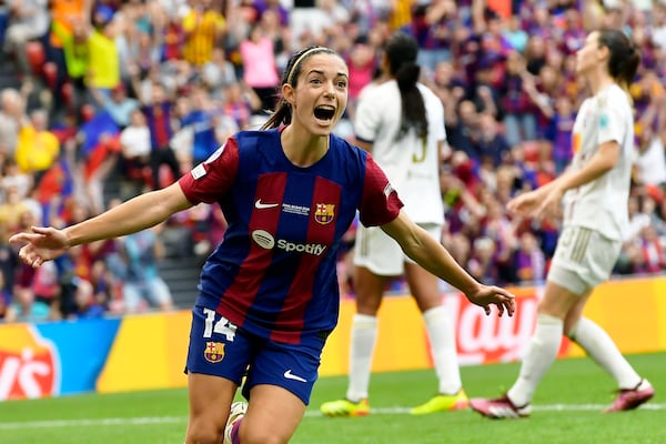 FILE - Barcelona's Aitana Bonmati celebrates after scoring the opening goal during the women's Champions League final soccer match between FC Barcelona and Olympique Lyonnais at the San Mames stadium in Bilbao, Spain, Saturday, May 25, 2024. (AP Photo/Alvaro Barrientos, File)