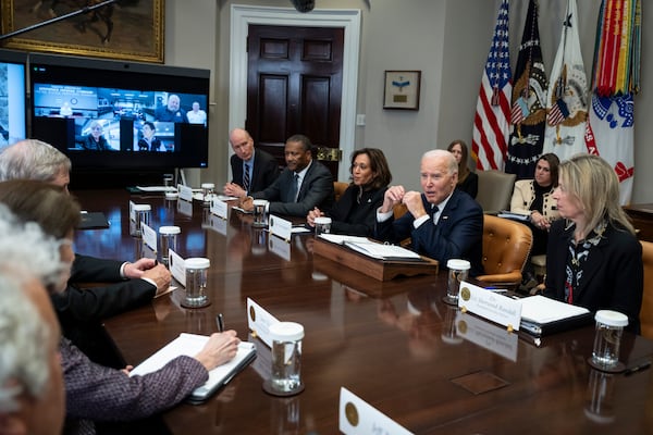 President Joe Biden and Vice President Kamala Harris lead a briefing at the White House on Thursday about the federal response to the wildfires in the Los Angeles area. Earlier this week, Biden moved to ban offshore oil and gas drilling in most U.S. coastal waters.