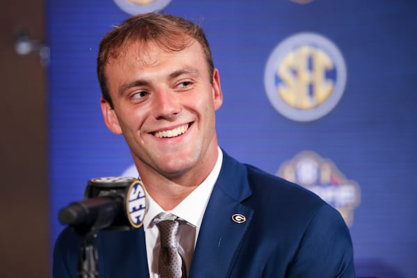 Georgia tight end Brock Bowers speaks during NCAA college football Southeastern Conference Media Days, Tuesday, July 18, 2023, in Nashville, Tenn. (Jason Getz / Jason.Getz@ajc.com)