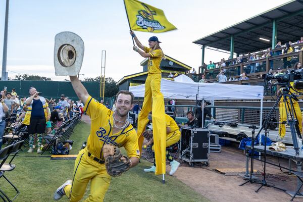 The team members of The Savannah Bananas make their entrance at the 2024 Banana Ball World Tour draft on Thursday, October 5, 2023 in Savannah, GA. (AJC Photo/Katelyn Myrick)
