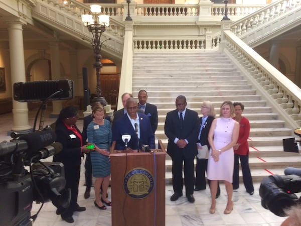 DeKalb County school officials and legislators speak during a press conference at the state Capitol on Monday, May 13, 2019. They said they were “blindsided” by a veto of a bill they supported. Photo by Bill Torpy