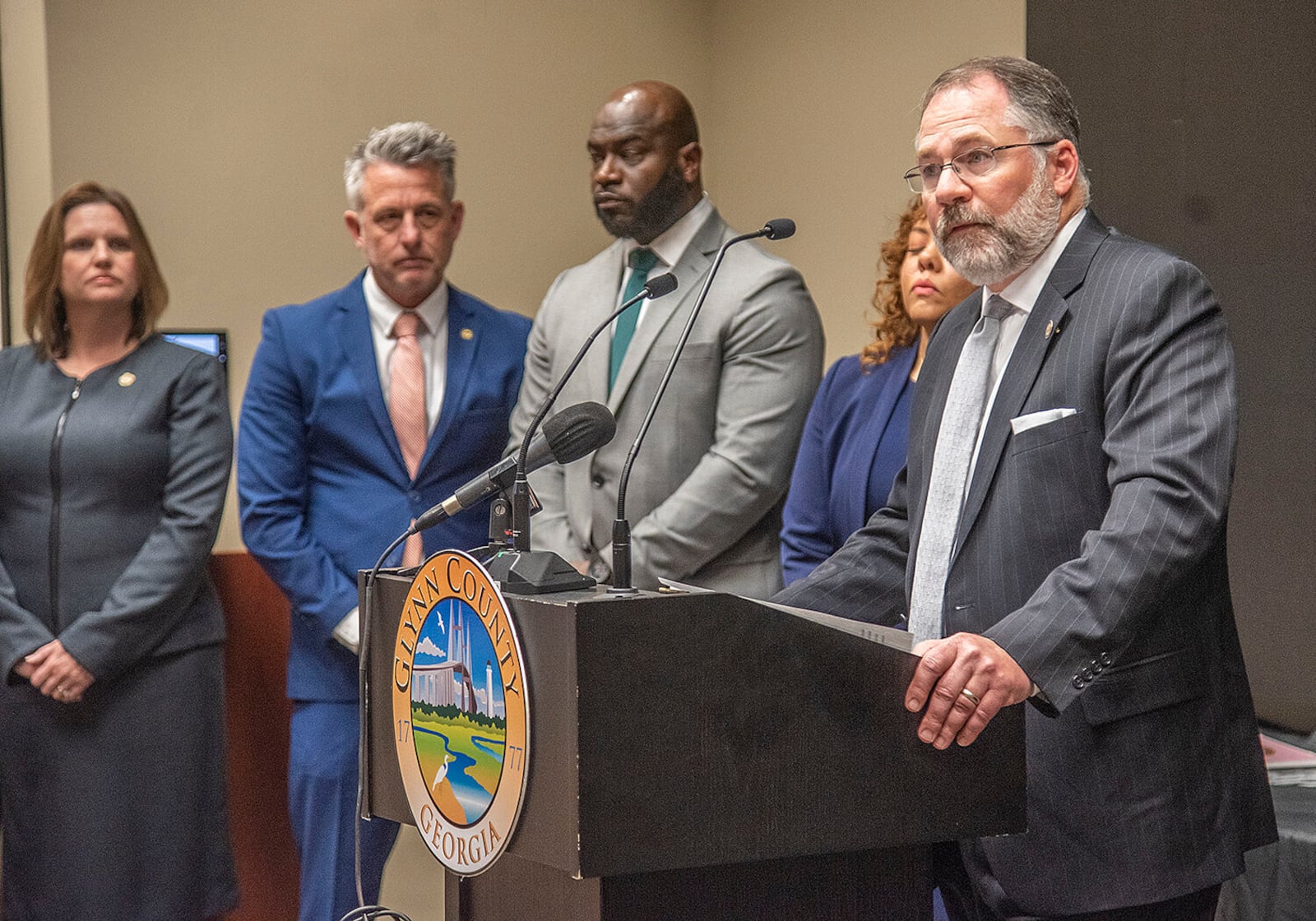 U.S. Attorney for the Southern District of Georgia, David Estes, speaks at the podium Wednesday, Jan. 11, 2023 during a press conference announcing the indictment of 76 people involved in an alleged drug trafficking scheme. (Michael Hall / The Brunswick News)