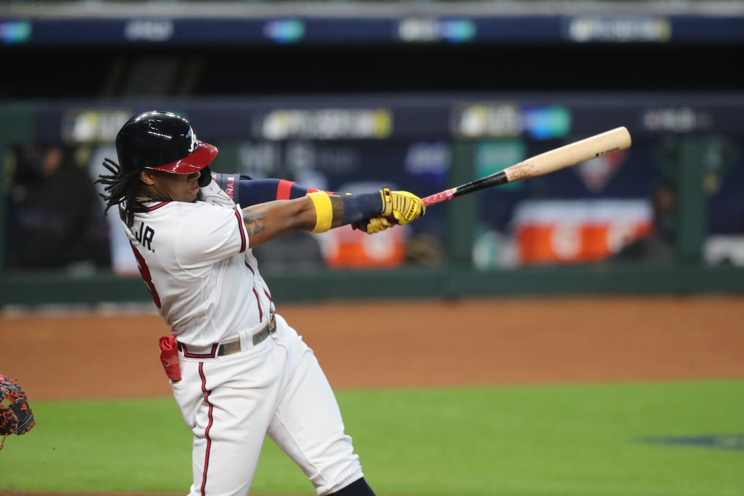 Braves' Ronald Acuna hits a solo home run for a 1-0 lead in the first inning of Game 1 of the National League Division Series against the Miami Marlins Tuesday, Oct. 6, 2020, at Minute Maid Park in Houston. (Curtis Compton / Curtis.Compton@ajc.com)