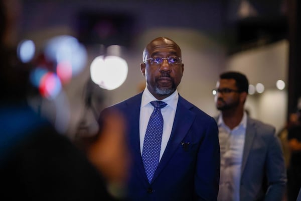 U.S. Senator Raphael Warnock, a Democrat from Georgia, arrives at the Hyatt Regency for the Democratic Party watch party as votes are counted for the presidential election on Tuesday, November 5, 2024.
(Miguel Martinez / AJC)