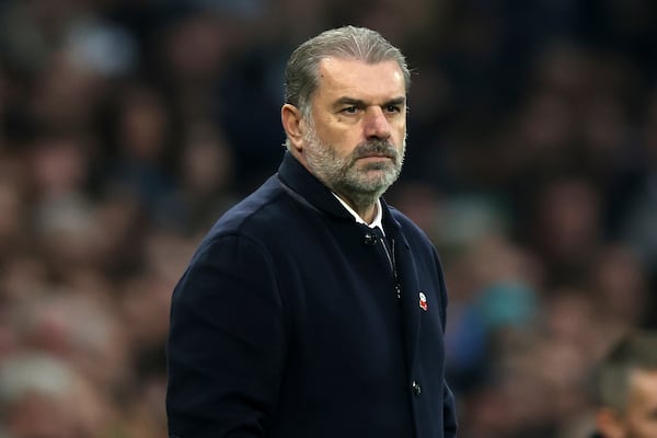 Tottenham Hotspur manager Ange Postecoglou looks on during the Premier League match between Tottenham and Ipswich at Tottenham Hotspur stadium, London, Sunday Nov. 10, 2024. (Steven Paston/PA via AP)