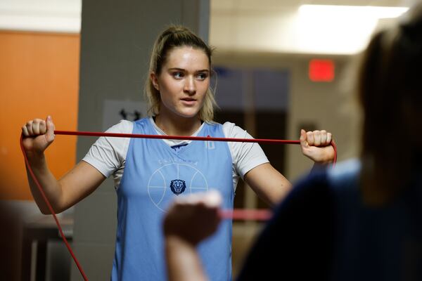 Columbia guard Kitty Henderson warms up before practice in Chapel Hill, N.C., Wednesday, March 19, 2025, before their First Four basketball game in the NCAA Tournament against Washington on March 20. (AP Photo/Nell Redmond)