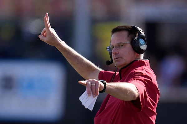 Indiana head coach Curt Cignetti directs his team during the second half of an NCAA college football game against Washington, Saturday, Oct. 26, 2024, in Bloomington, Ind. (AP Photo/Darron Cummings)