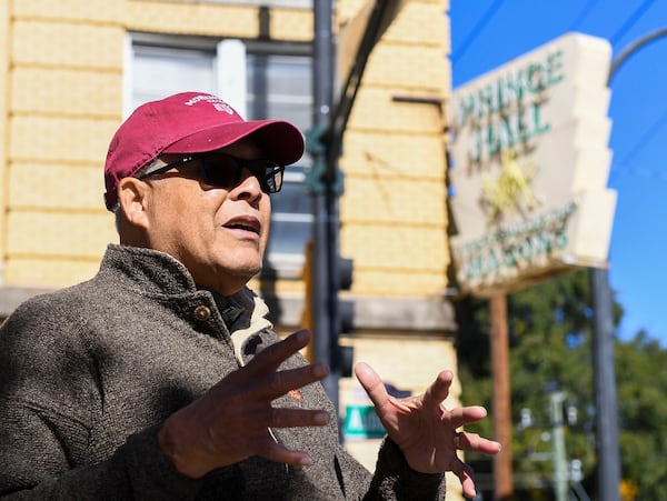 Edward Bowen in front of the Prince Hall Masonic Lodge in 2021. (Daniel Varnado/ For the Atlanta Journal-Constitution)