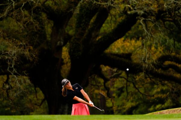 Rachel Kuehn hits on the 18th hole during the final round of the Augusta National Women's Amateur golf tournament, Saturday, April 2, 2022, in Augusta, Ga. (AP Photo/Matt Slocum)