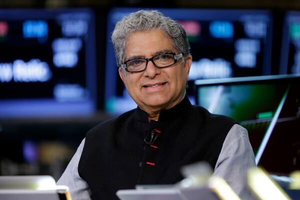 Deepak Chopra presents an author talk for the MJCCA Book Festival on Sept. 30. (AP Photo/Richard Drew)